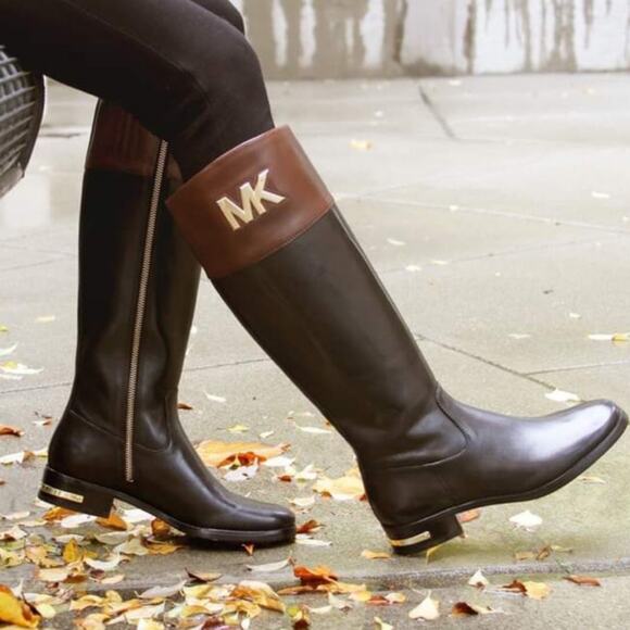 Michael Kors Hayley Riding Boots 7 M Black/Brown Leather Zip Up - Picture 2 of 16